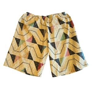 Vintage 90s Handmade Geometric Abstract Triangle Print Elastic Waist Shorts
